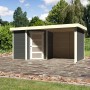 Modernes, terragraues Karibu Holz-Gartenhaus mit Flachdach und Anbau. Ideal zur Geräteaufbewahrung.
