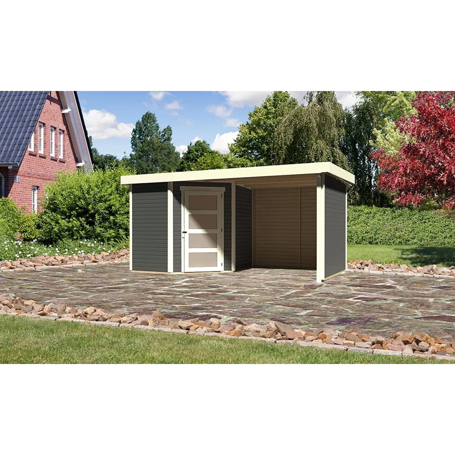 Modernes, terragraues Karibu Holz-Gartenhaus mit Flachdach und Anbau. Ideal zur Geräteaufbewahrung.
