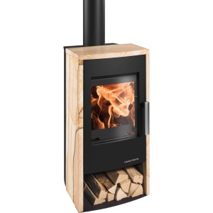 Haas+Sohn Kaminofen Rubus Naturstein, schwarz-woodstone, 6 kW mit Holzscheiten.