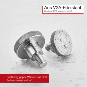 Zwei SOTECH Rändelschrauben M10 aus V2A Edelstahl, mit Wassertropfen auf den Köpfen, rost- und wasserbeständig. DIN 464.