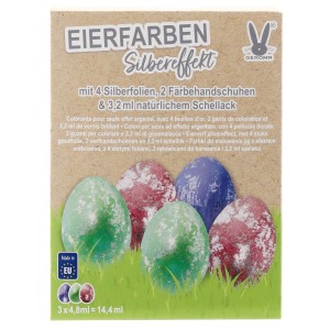 Eierfarben Silbereffekt Set mit Farben, Folien und Handschuhen für glänzende Ostereier.