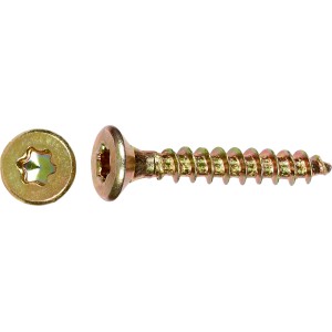 Gelb verzinkte Spanplattenschraube mit Senkkopf und TX-Antrieb, 4x25 mm, 25 Stück.