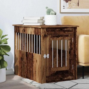 Hundekäfig im Möbelstil Altholz-Optik als Beistelltisch. Robuste Hundehütte aus Holzwerkstoff mit weißen Stahlstäben.