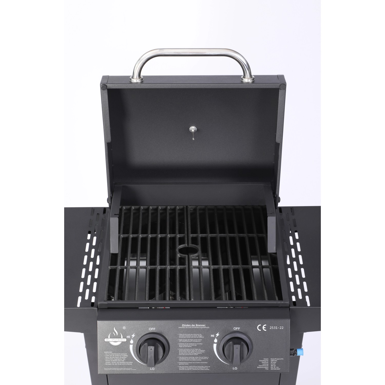 El Fuego Gasgrill San Jose mit offenem Deckel und gusseisernem Grillrost.