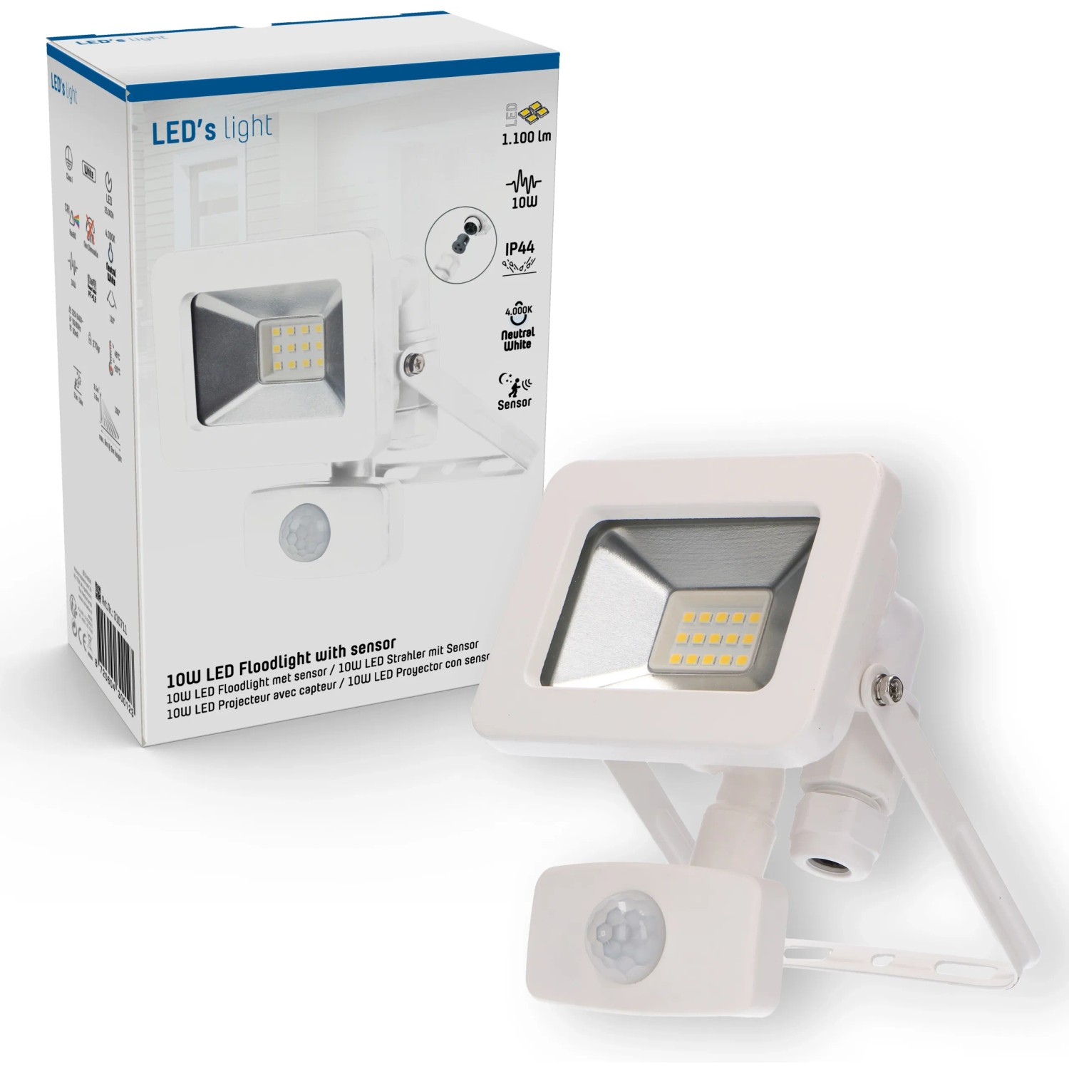 Weißer LED-Außenstrahler mit Sensor, 10W, 4000K, IP44. Ideal für Haus und Garten.