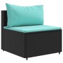 Schwarzes Gartensofa aus Rattan mit wasserblauen Kissen, Teil der vidaXL 3-tlg. Sofagarnitur.