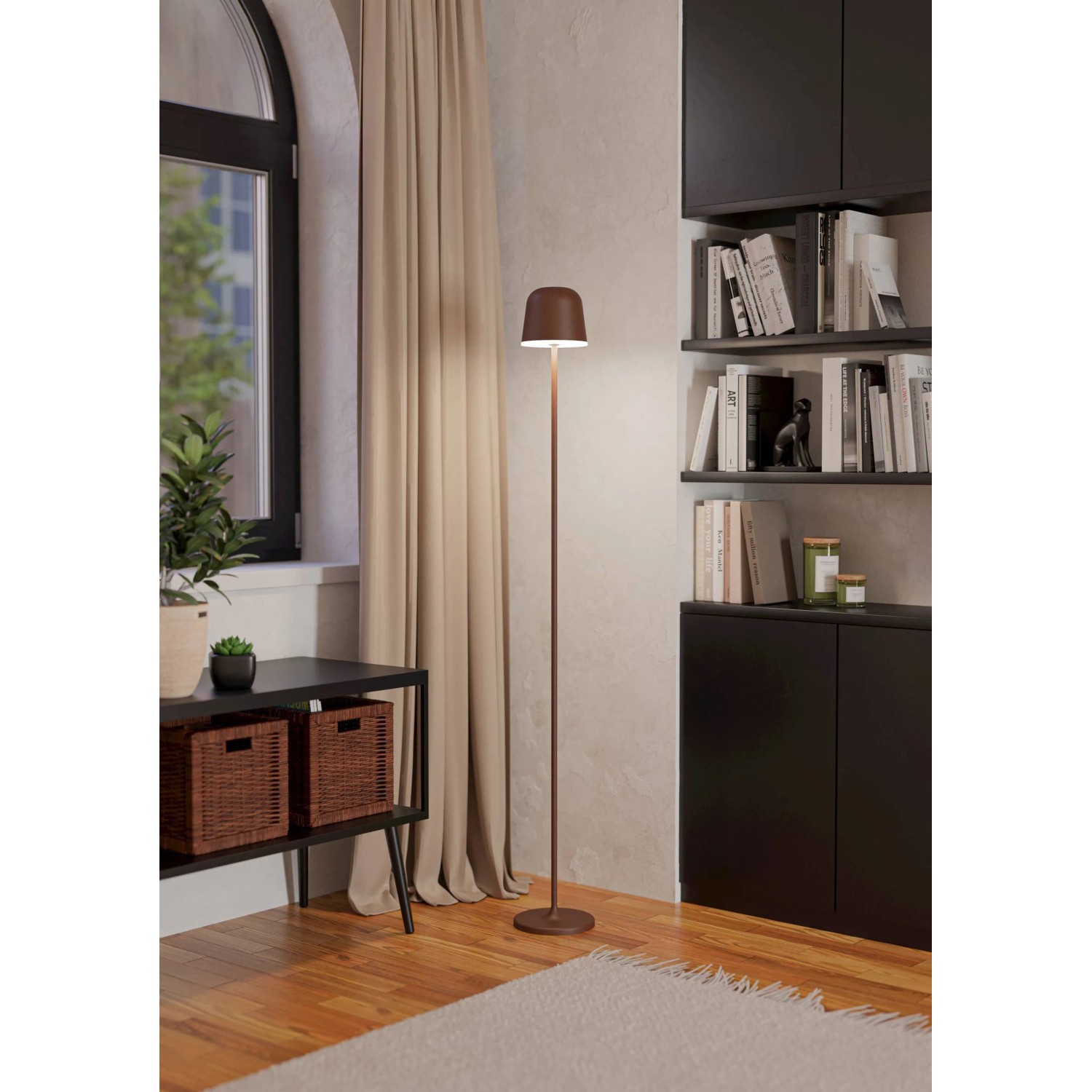 EGLO LED Akku Stehlampe MANNERA-L in Rostbraun, kabellos mit Touchdimmer und IP54.