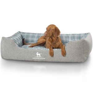 Knuffelwuff Hundebett Lennard XL grau/grün mit Hund. Gemütliches Hundekörbchen aus Velours.