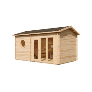 Finntherm Gartensauna Genf-70 aus naturbelassenem Fichtenholz mit Panoramafenster.