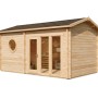 Finntherm Gartensauna Genf-70 aus naturbelassenem Fichtenholz mit Panoramafenster.