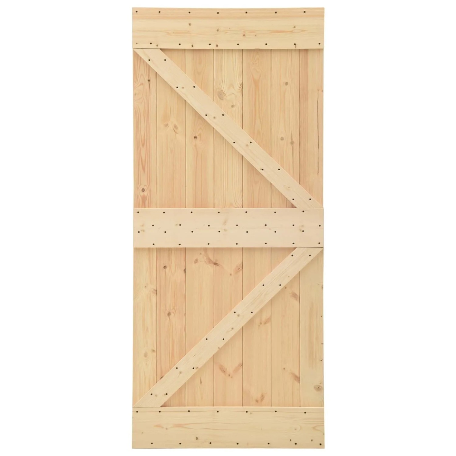 Schiebetür aus hellem Kiefernholz mit vertikalen Brettern und diagonalen Verstrebungen im Scheunentor-Stil.
