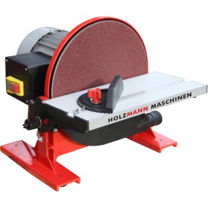 Holzmann Tellerschleifmaschine TSM250 mit roter Schleifscheibe und verstellbarem Tisch.