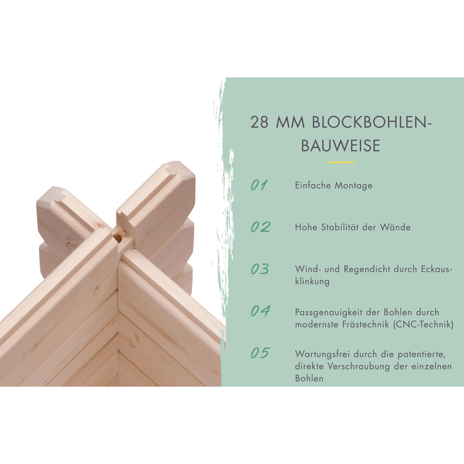 Detailaufnahme der 28 mm Blockbohlenbauweise der Karibu Garage: einfache Montage, hohe Stabilität.