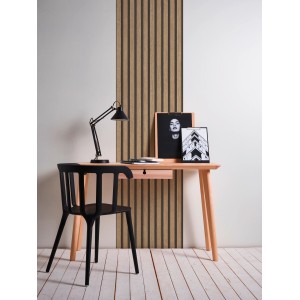 AS-Creation 3D-Panel Pop up Tapete in Beige-Braun hinter Schreibtisch mit Deko.