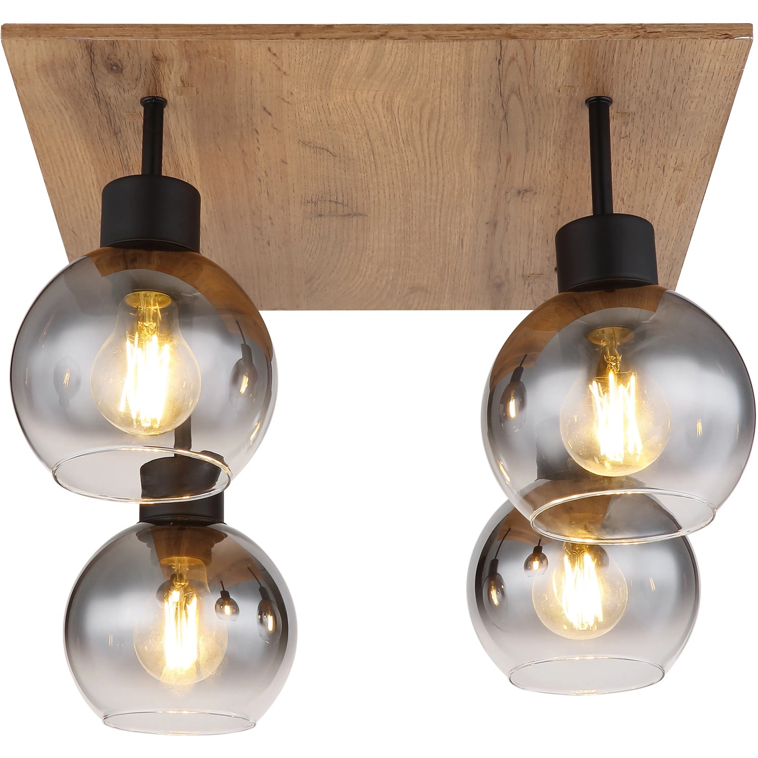 Globo Deckenleuchte Moitas, 4-flammig, schwarz matt mit Rauchglas-Schirmen und Holz-Optik.