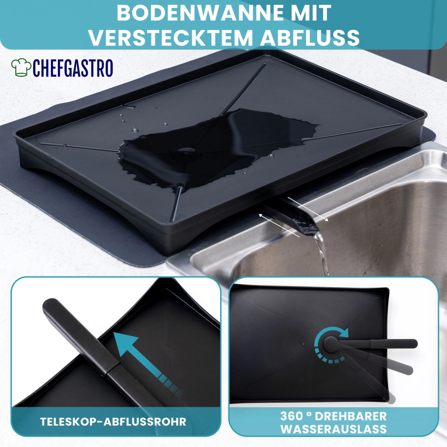 CHEFGASTRO Abtropfgestell Geschirr 15x42x31cm Stahl Mit Besteckhalter Tassenhalter Drehbarem Wasserablauf Abtropfbrett & Trockenmatte_3