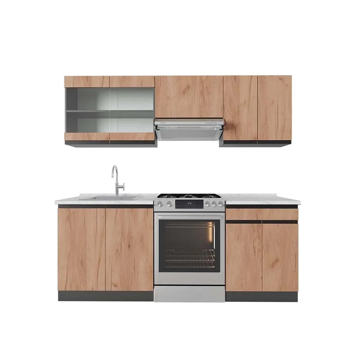 Vicco R-Line Küchenzeile Goldkraft Eiche Anthrazit 200 cm AP Marmor Opt 2 ohne E-Geräte