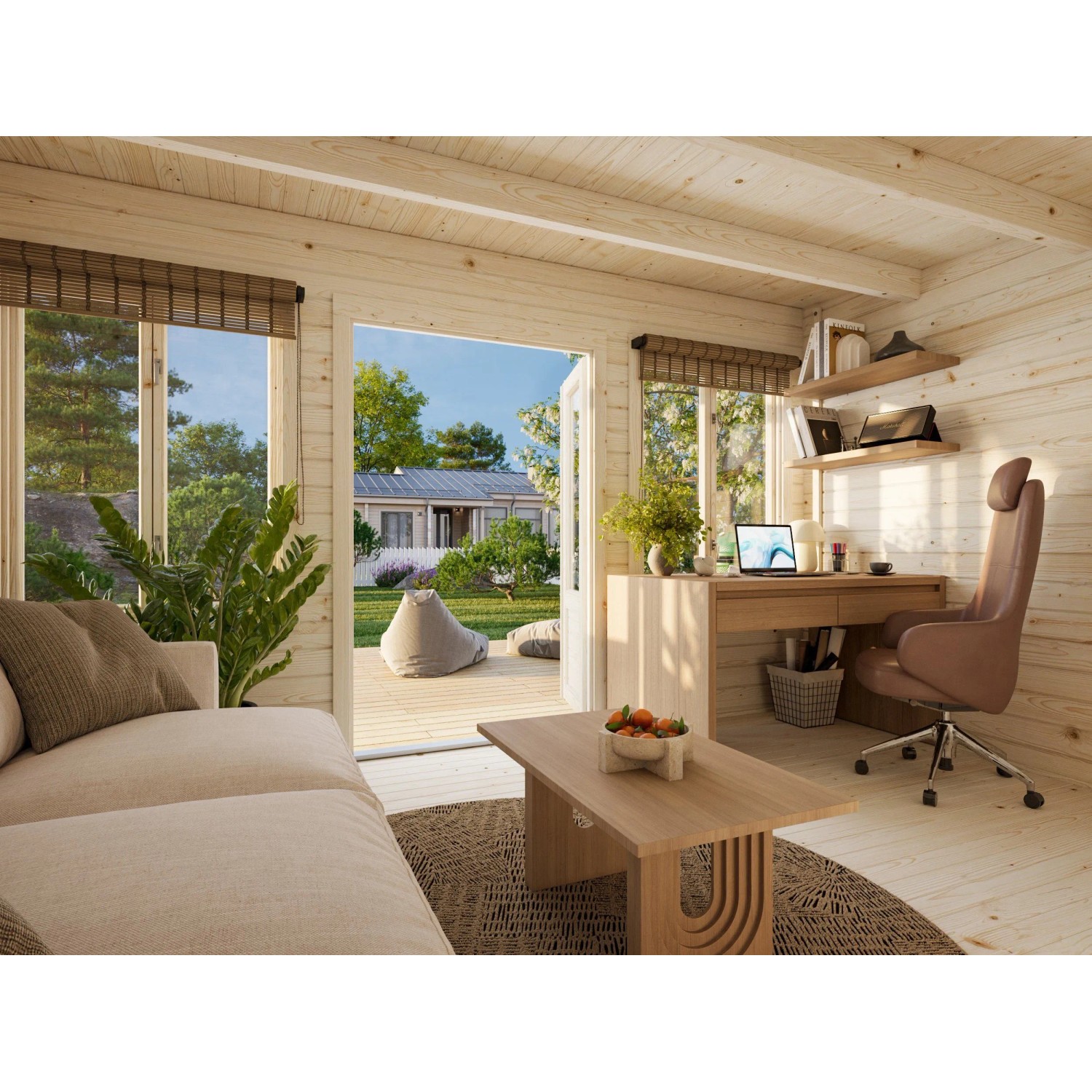 Innenansicht: Palmako Lisa Holz-Gartenhaus als Büro mit Pultdach und Gartenblick.