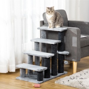Graue PawHut 4-Stufen Haustiertreppe mit Kratzbaum und Spielball. Ideal für Katzen und kleine Hunde.