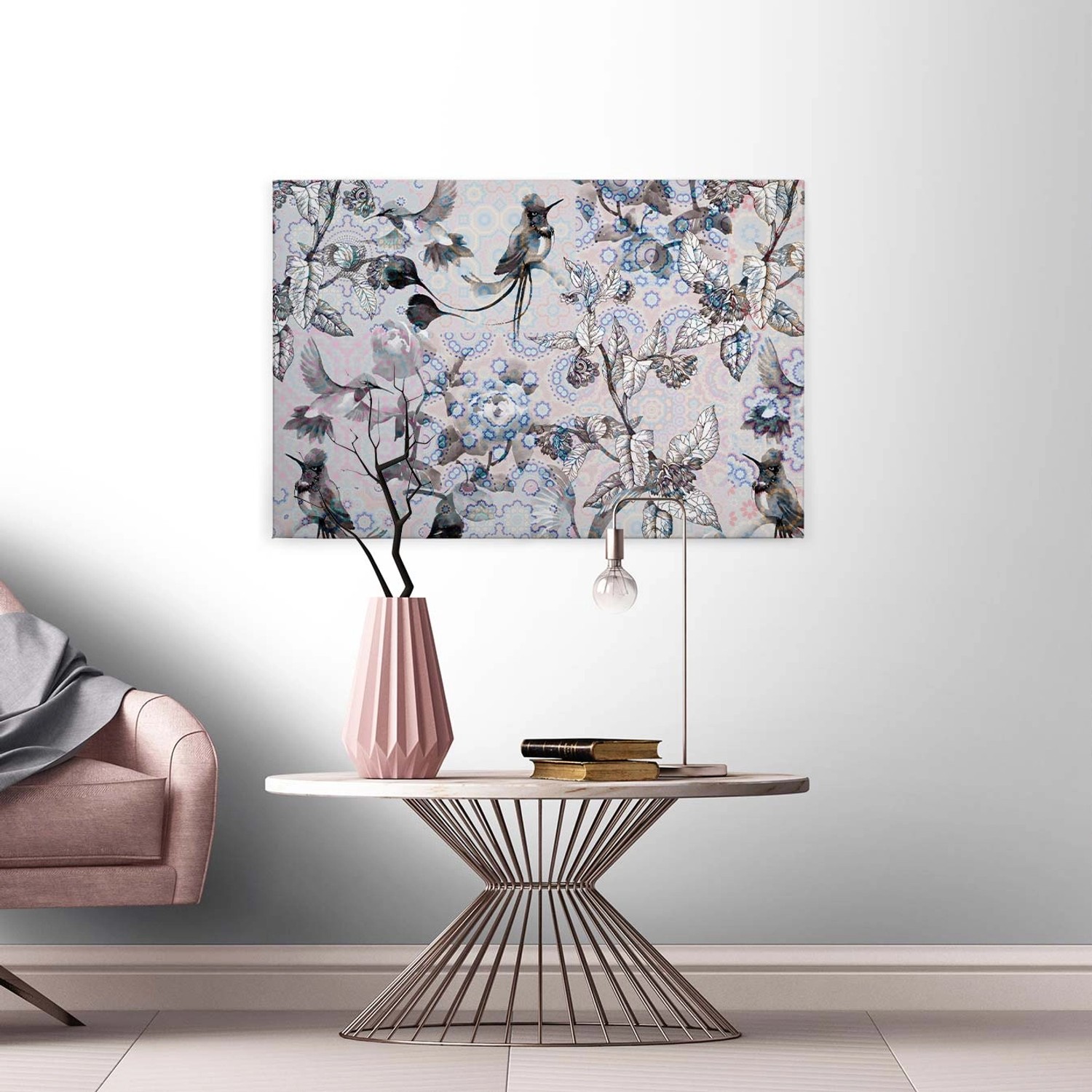 Bricoflor Bild Auf Leinwand Vogel Und Blumen Wandbild 90 X 60 Cm Quer Leinwandbild Mit Vögeln Hellgrau Blau