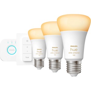 Philips Hue E27 Starter Set mit 3 Leuchtmitteln, Dimmschalter und Bridge für smarte Beleuchtung.