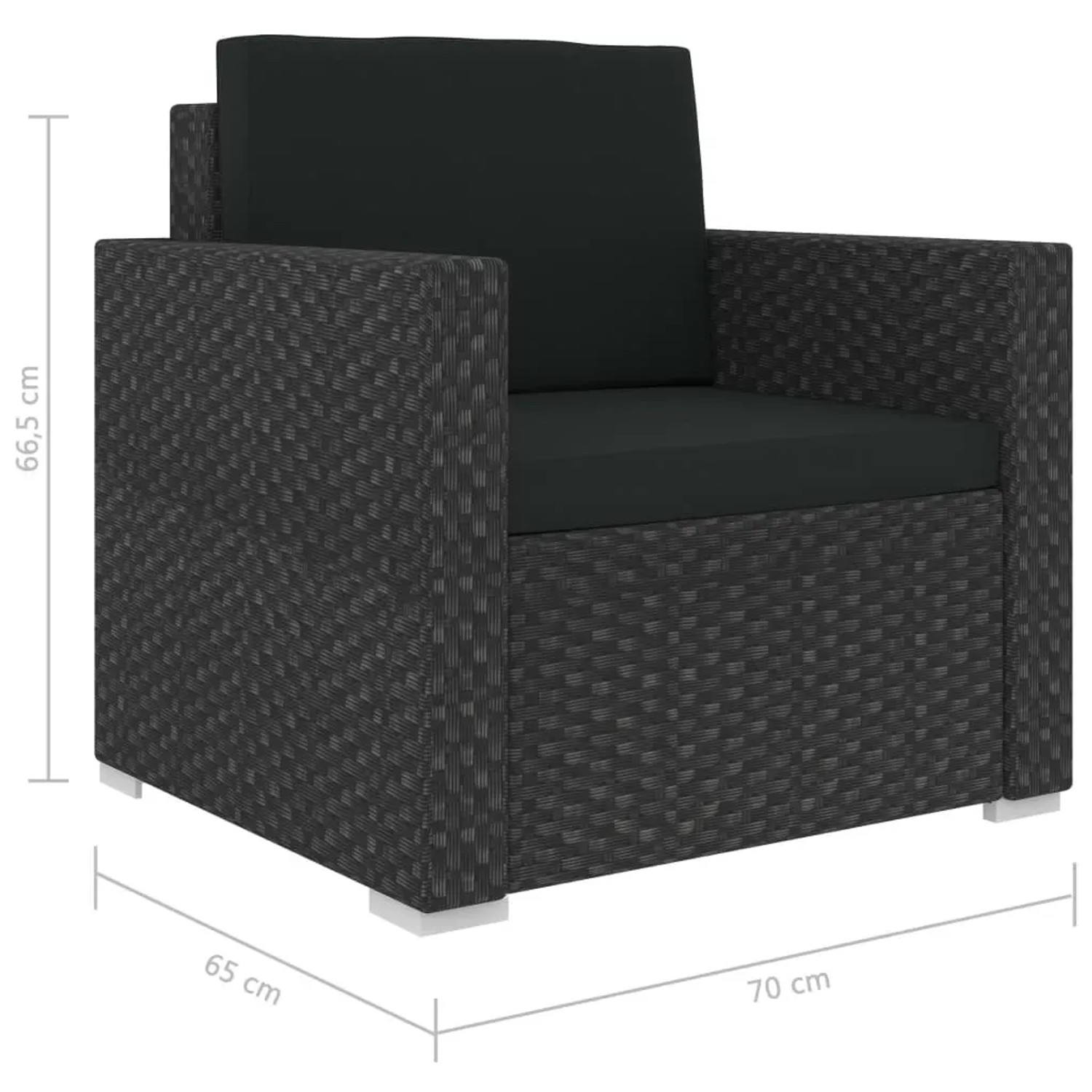 Schwarzer vidaXL Garten Sessel aus Rattan mit schwarzen Auflagen. Teil eines Lounge Sets.