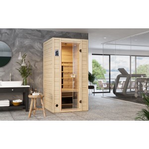 Weka Infrarotkabine Vaala 1 aus Fichtenholz mit Glastür und Linienstrahler.