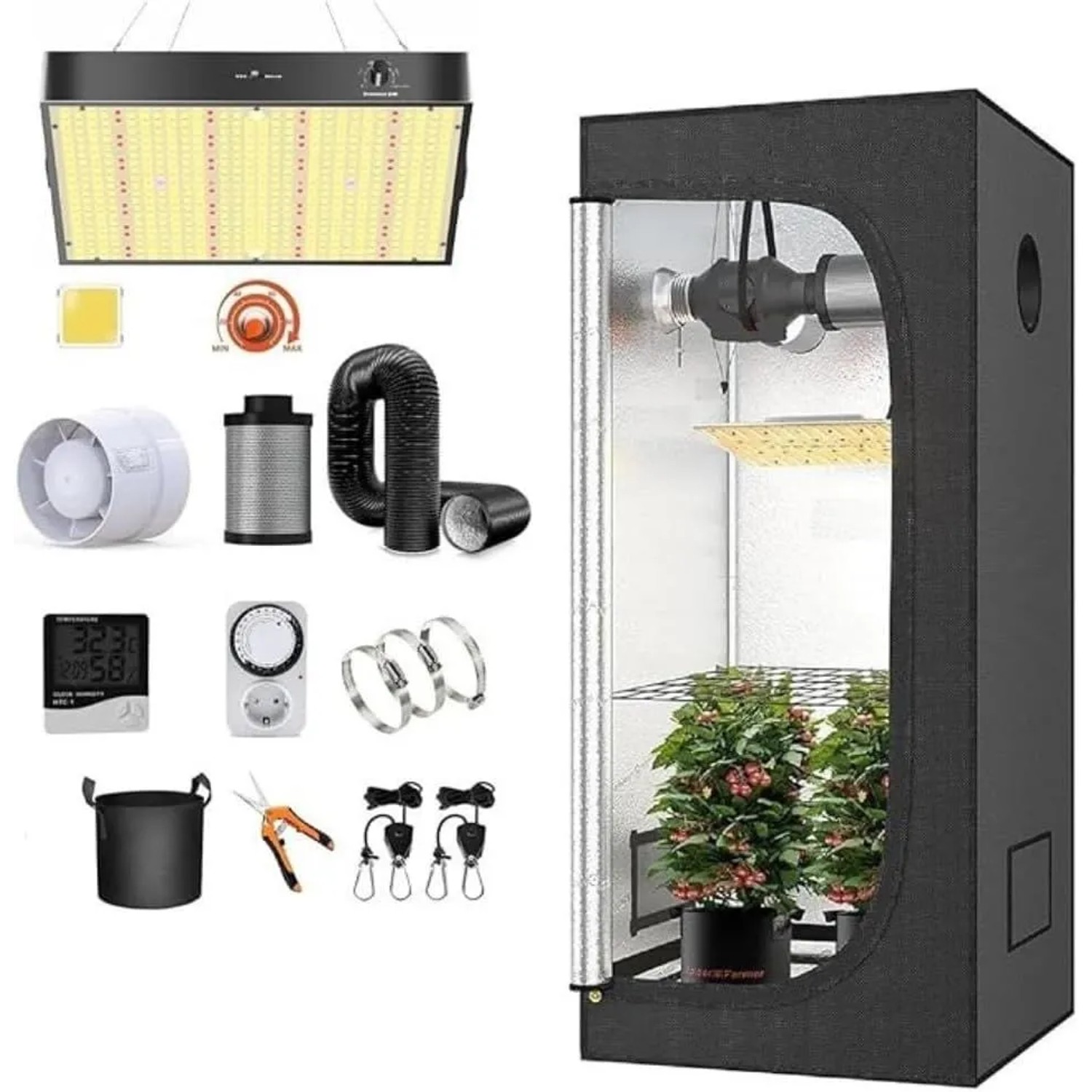 JUNG Growbox Komplettset LED Lampe Anbau Pflanzen 120x120x200cm Gewächshaus Grow Set Indoor Pflanzenzucht Hydroponik Zimmerpflanzen Zelt Tent Wachstum