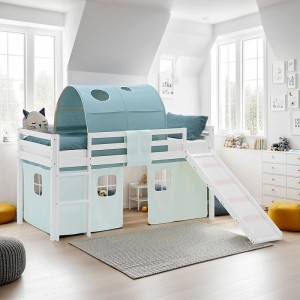 Weißes Kinder Hochbett 90x200 mit mintgrünem Tunnel, Rutsche und Vorhang. Ideal für Spiel und Schlaf.