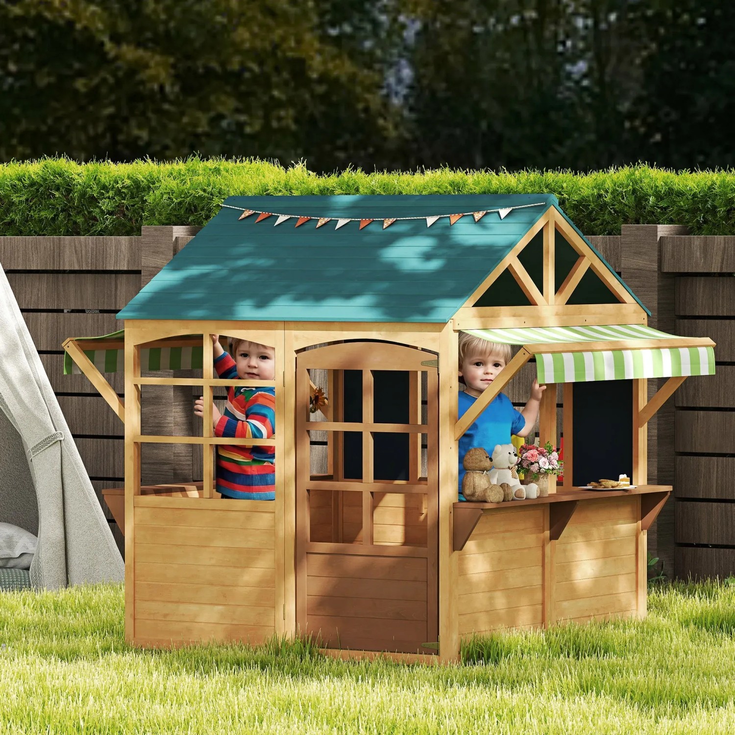 AIYAPLAY faltbares Holz-Spielhaus mit Fenstern für Kinder im Garten.