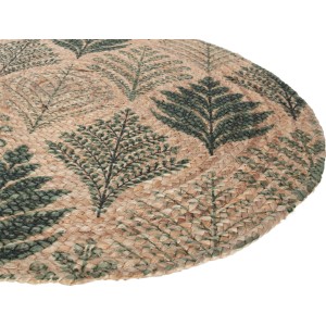 Runder Jute Teppich (Ø 100 cm) in Natur und Grün mit Pflanzenmuster.