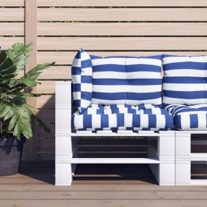 vidaXL Palettenkissen, 3-teilig, blau-weiß gestreift, auf einer weißen Palettenbank im Garten.