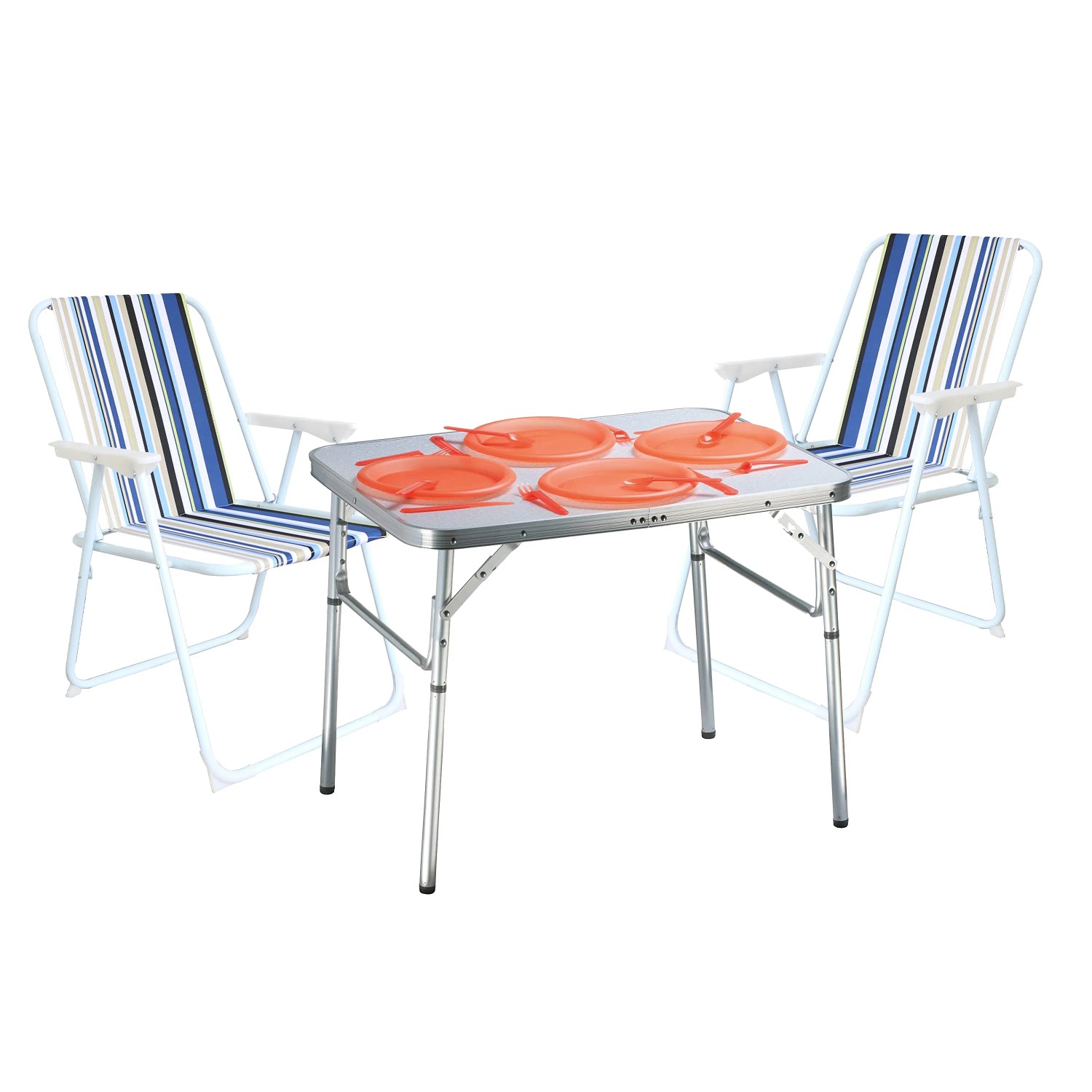 Mojawo Campingstuhl Ocean Gestreift mit Tisch und Gedeck für 4 Personen.