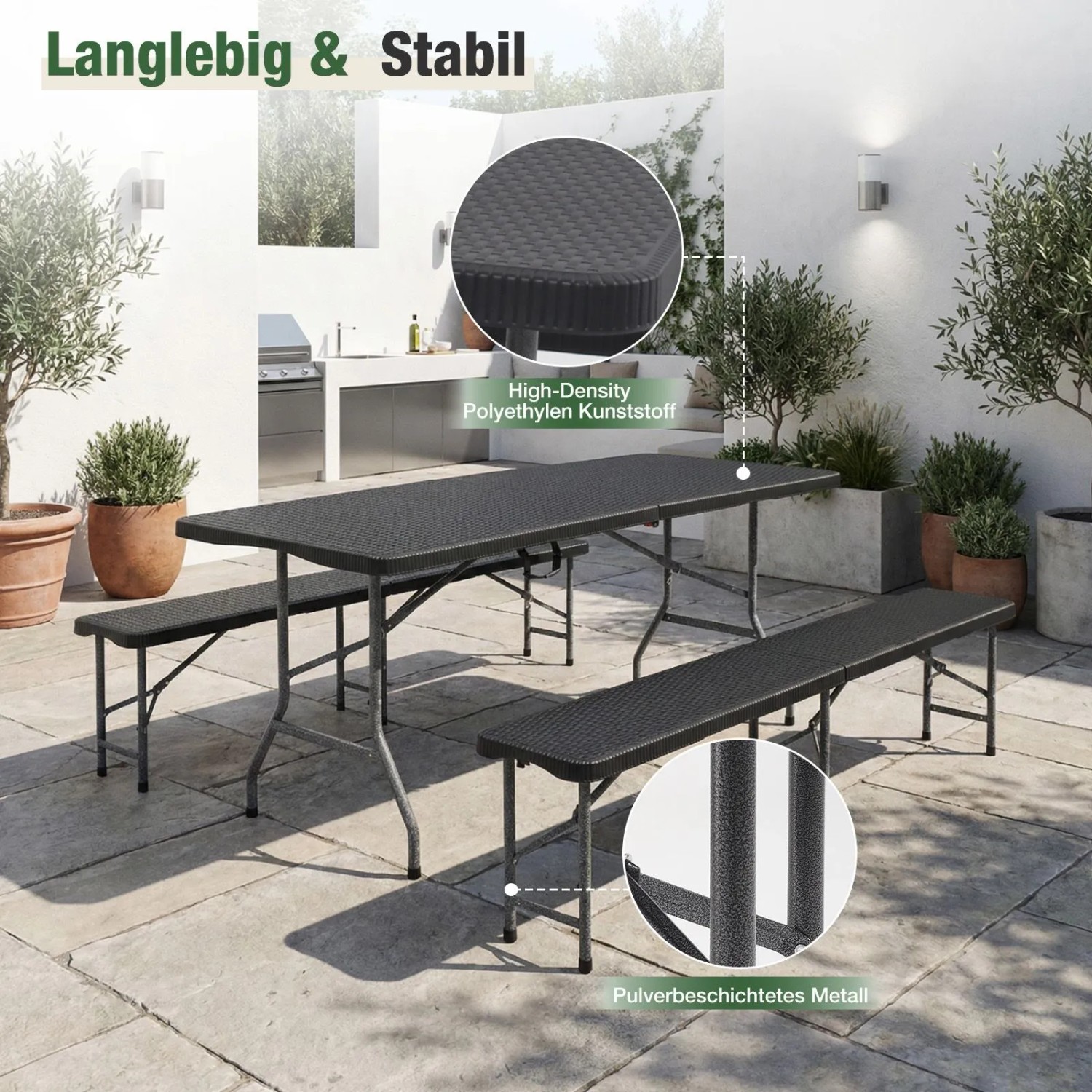 Sekey Bierzeltgarnitur, 180 cm, Rattanoptik schwarz, mit Tisch und 2 Bänken, klappbar.