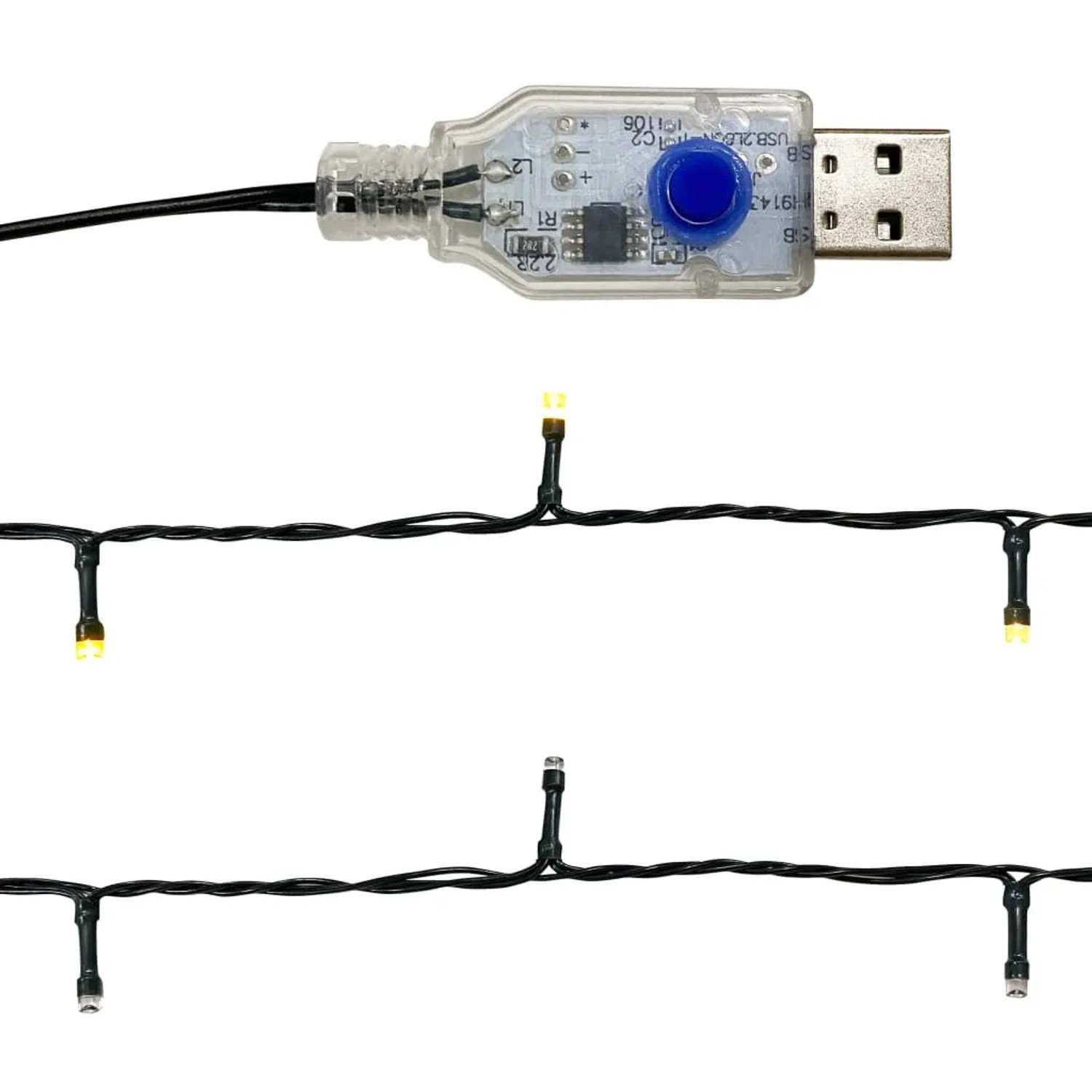 LED-Lichterkette mit USB-Anschluss für Weihnachtsgirlande, warmweiß leuchtend.