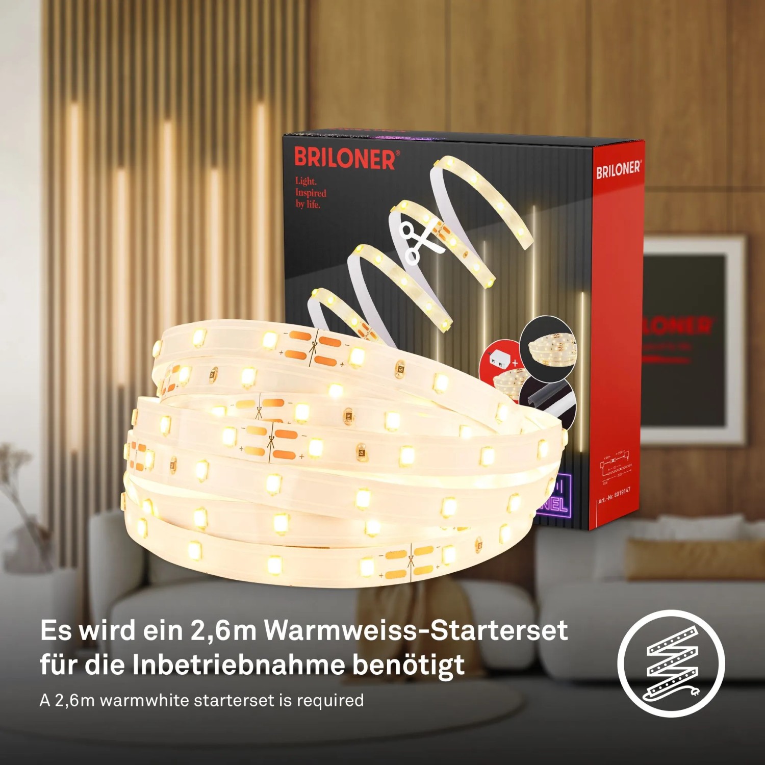 Briloner LED Band Ergänzungs-Set für Paneele, 2,6m, warmweiß. Erweiterung für Akustikpaneele.