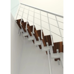 Minka Mittelholmtreppe Comfort Top Turn, Walnuss-Optik, weiße Metallteile. Raumspartreppe für Innenräume.