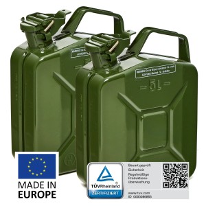 2 olivgrüne 5L Metall Kraftstoffkanister, TÜV-geprüft, für Benzin, Diesel & E10.