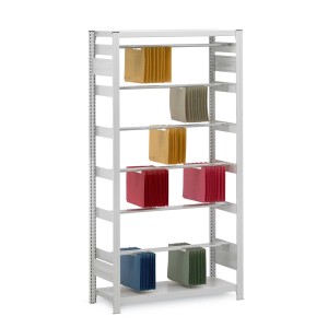 Verzinktes PROREGAL Pendelhefterregal mit bunten Pendelheftern, 8 Ebenen, Stecksystem.