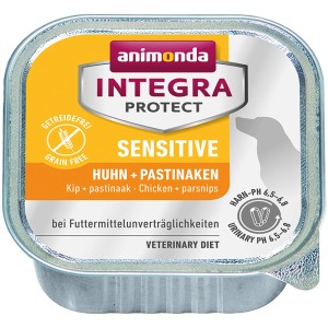 Integra Protect Sensitive Hunde-Nassfutter mit Huhn und Pastinaken, getreidefrei, für futtersensible Hunde.