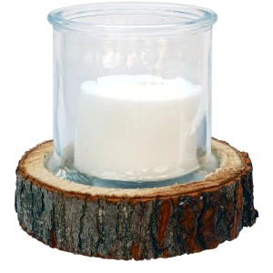 Sunny Garden Windlicht: Glaswindlicht mit Kerze auf rustikalem Holzsockel, Ø 18 cm.