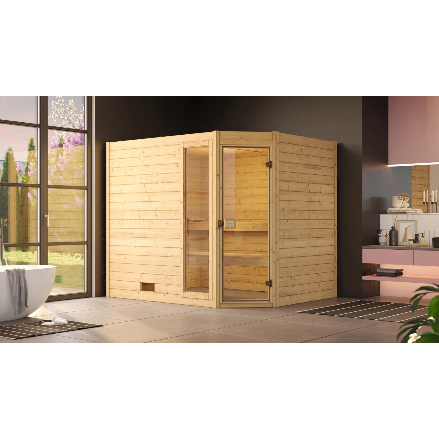 Weka Massivholzsauna Valida Eck 3 Sparset 7,5 kW OS Glastür/Fenster günstig online kaufen