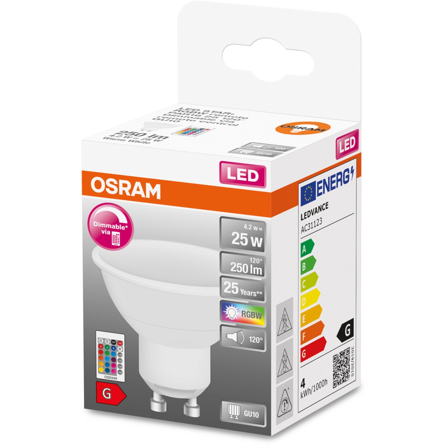 Osram GU10 LED-Lampe, 4,2W, warmweiß, dimmbar mit Fernbedienung. Energieeffizienzklasse G.