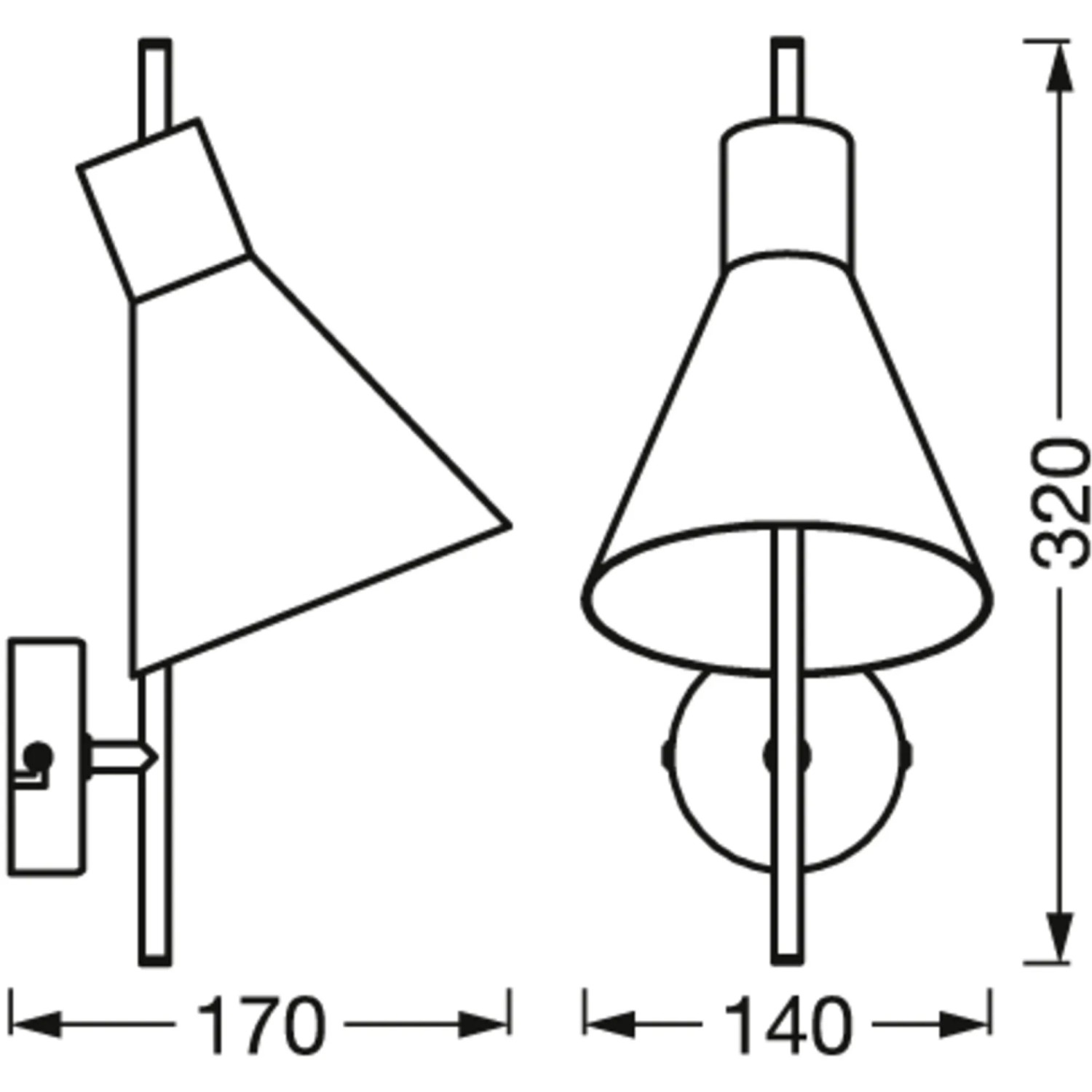 Skizze der Ledvance Wandlampe Decor Tokio, schwarze Wandleuchte mit Maßen 32 cm Höhe.