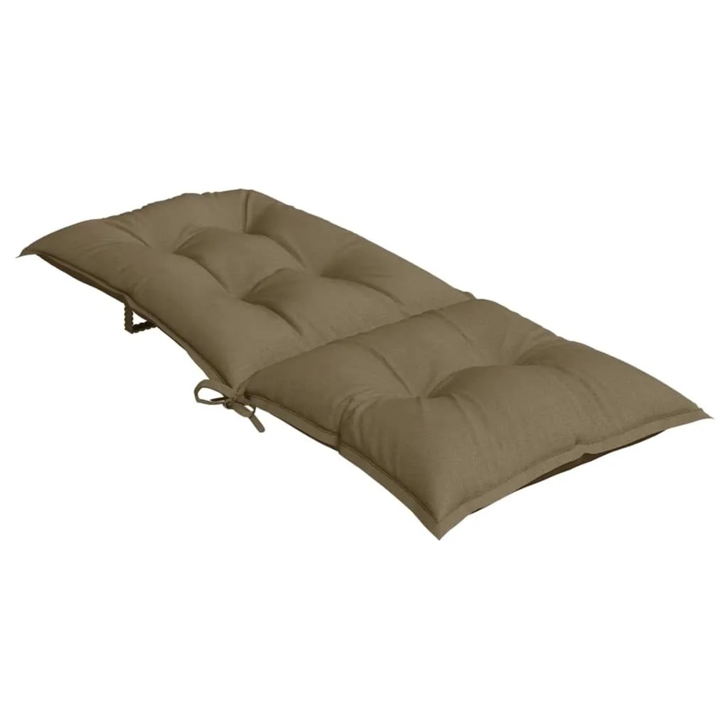 Melange Taupe Hochlehner-Auflage aus Stoff, gesteppt, mit Bändern zur Befestigung. Komfortables Sitzkissen für Gartenstühle.