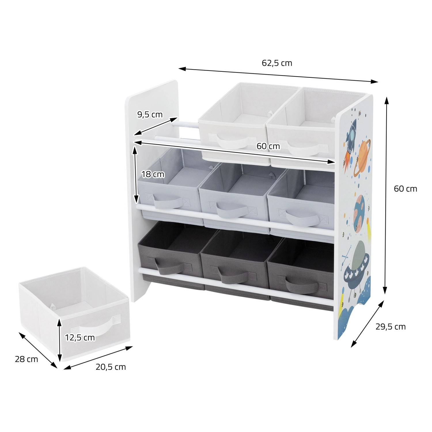 Joyz Kinderregal Weltraum mit 9 Boxen, weiß. Spielzeugregal mit Weltraum Motiven für Kinderzimmer.