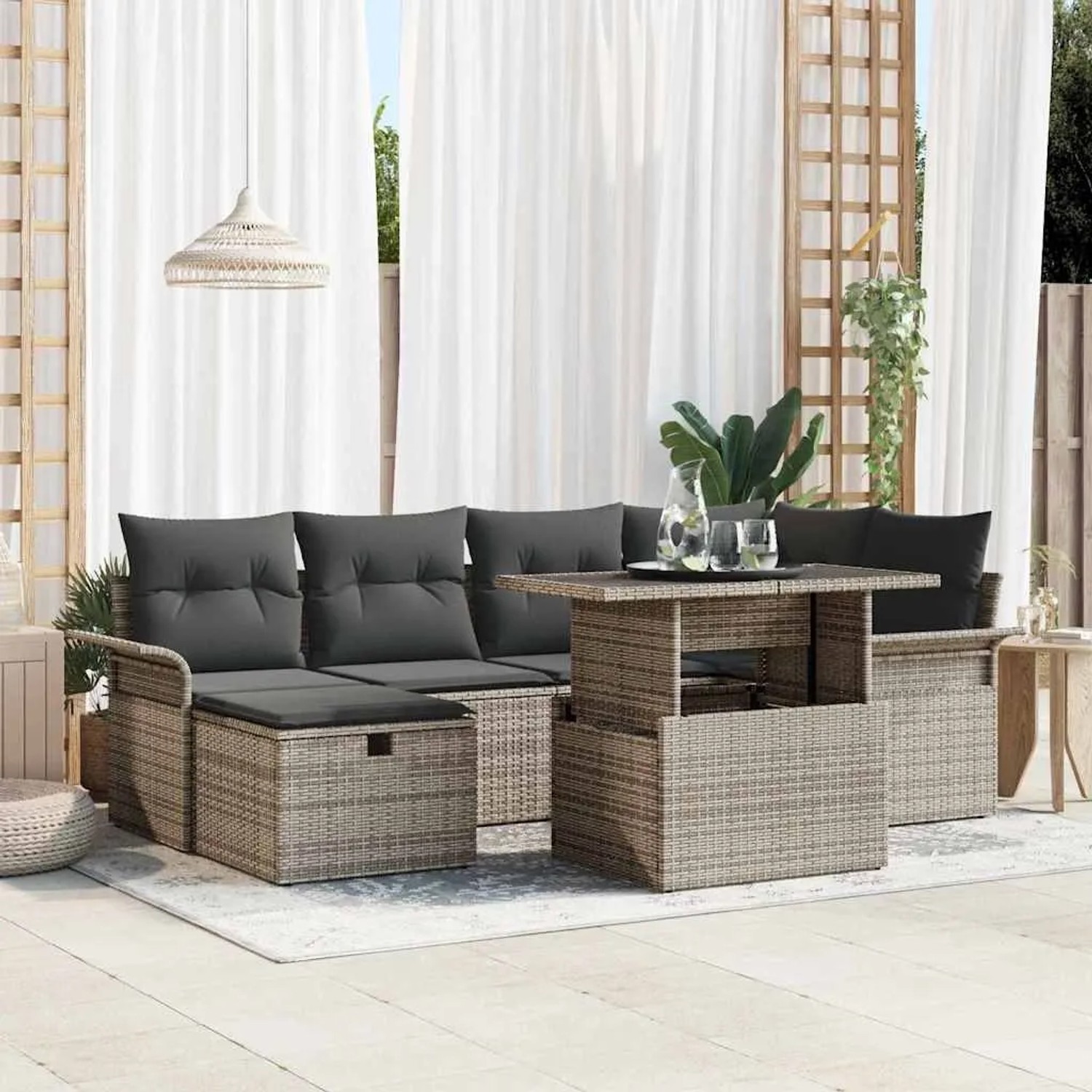 Graues 7-teiliges vidaXL Garten-Sofa-Set aus Polyrattan mit Kissen und Stauraum.