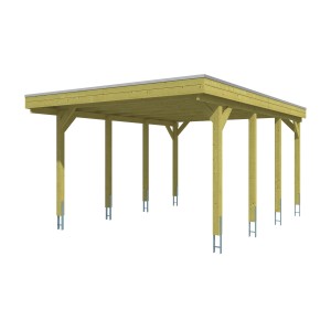 Skan Holz Flachdach-Einzelcarport Friesland, Holzcarport mit Aluminiumdachplatten und acht Pfosten.