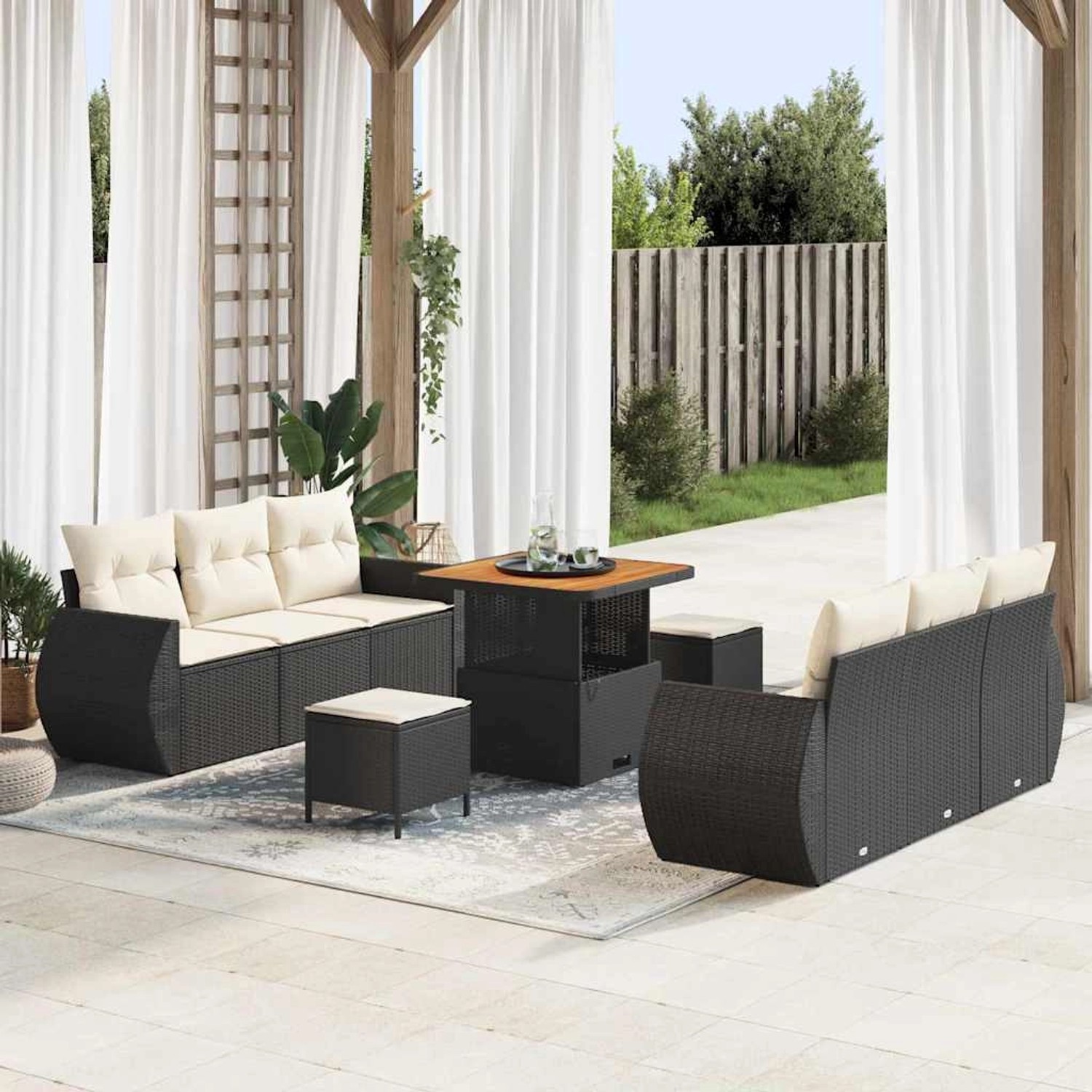 vidaXL Gartenmöbel-Set, 9-teilig, schwarz, Poly Rattan, mit Sofa, Sesseln, Hockern und Tisch.