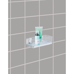 Wenko Vacuum-Loc® Wandablage Quadro aus Edelstahl mit Badartikeln auf grauen Fliesen.